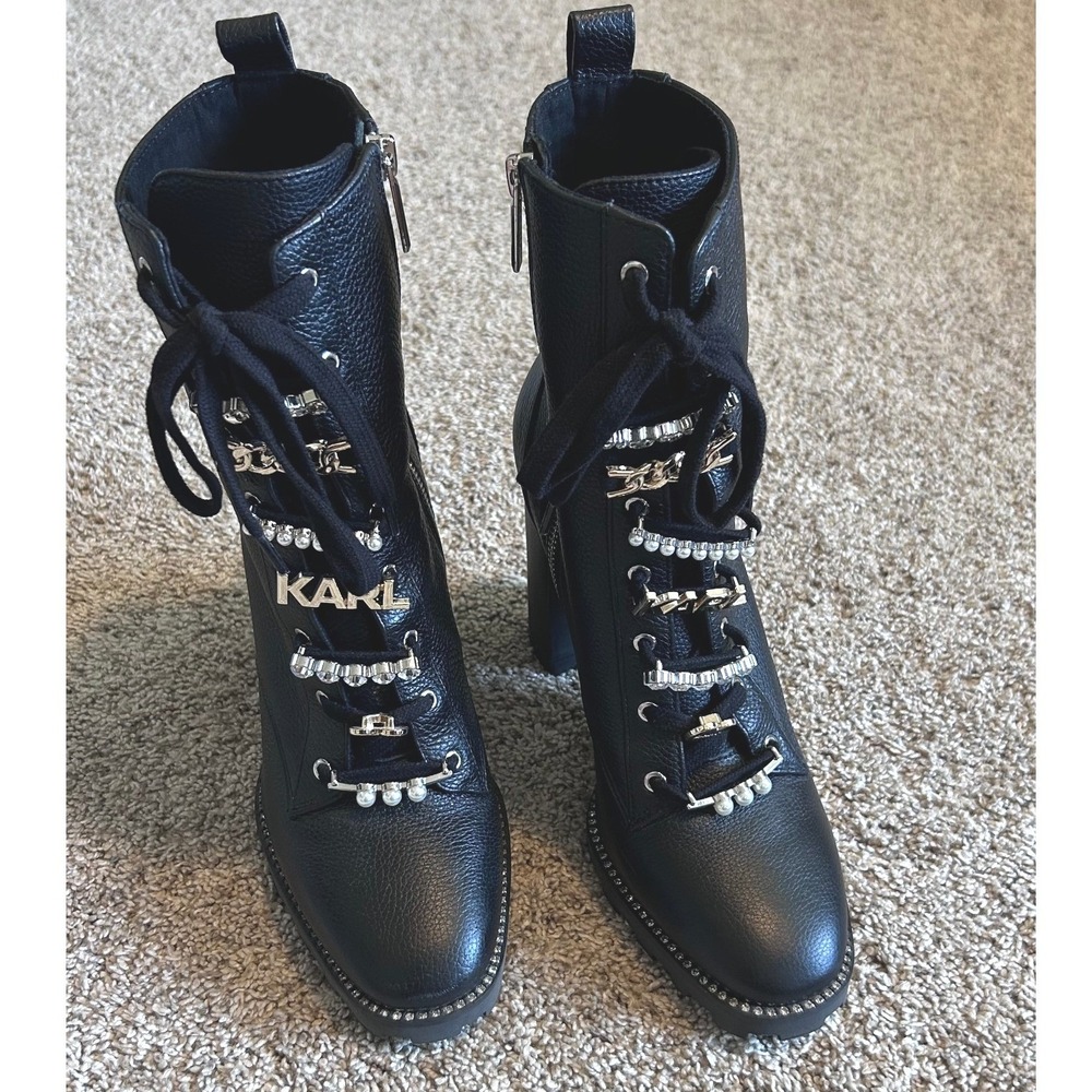 Karl Lagerfeld Paris Moto Black Leather Embellished Block Heel Combat Boots 8.5 - Picture 2 of 8